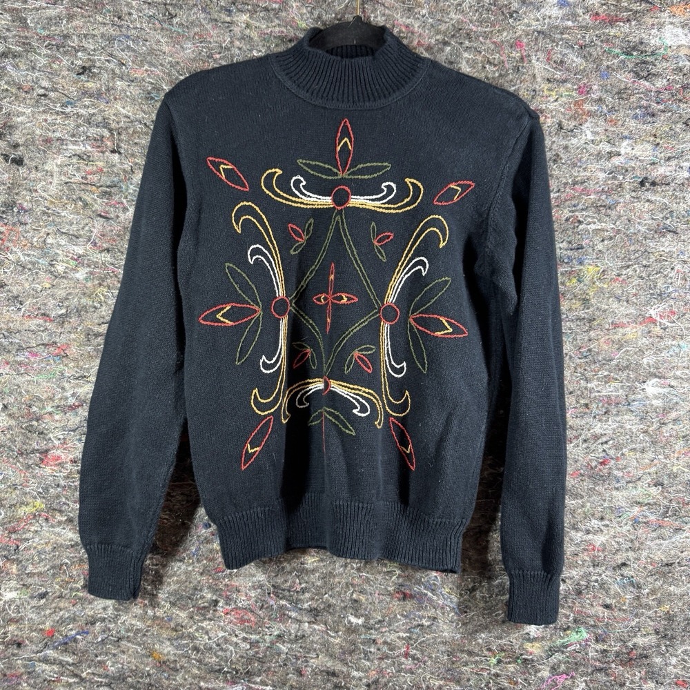 Bedford Fair Lifestyles Womens Sweater Small Black Mock Neck Geometric 45938 - Picture 1 of 12